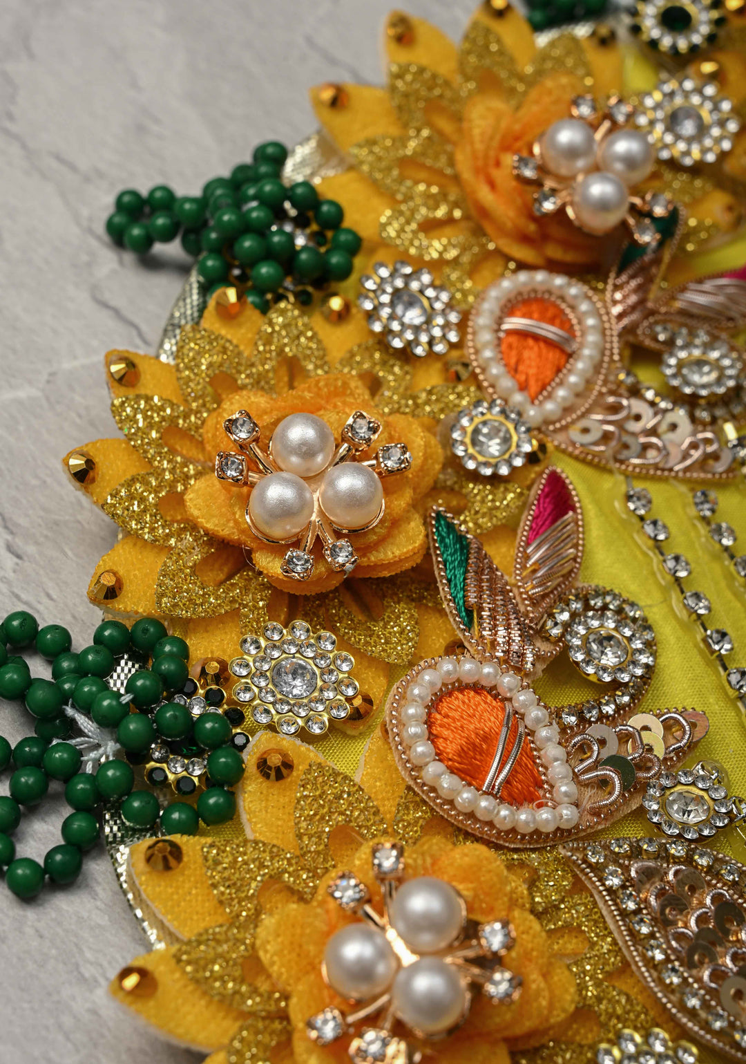 9" Pitambar Laddu Gopal Dress Set with Peacock-Floral Motifs and Gemstone Embellishments