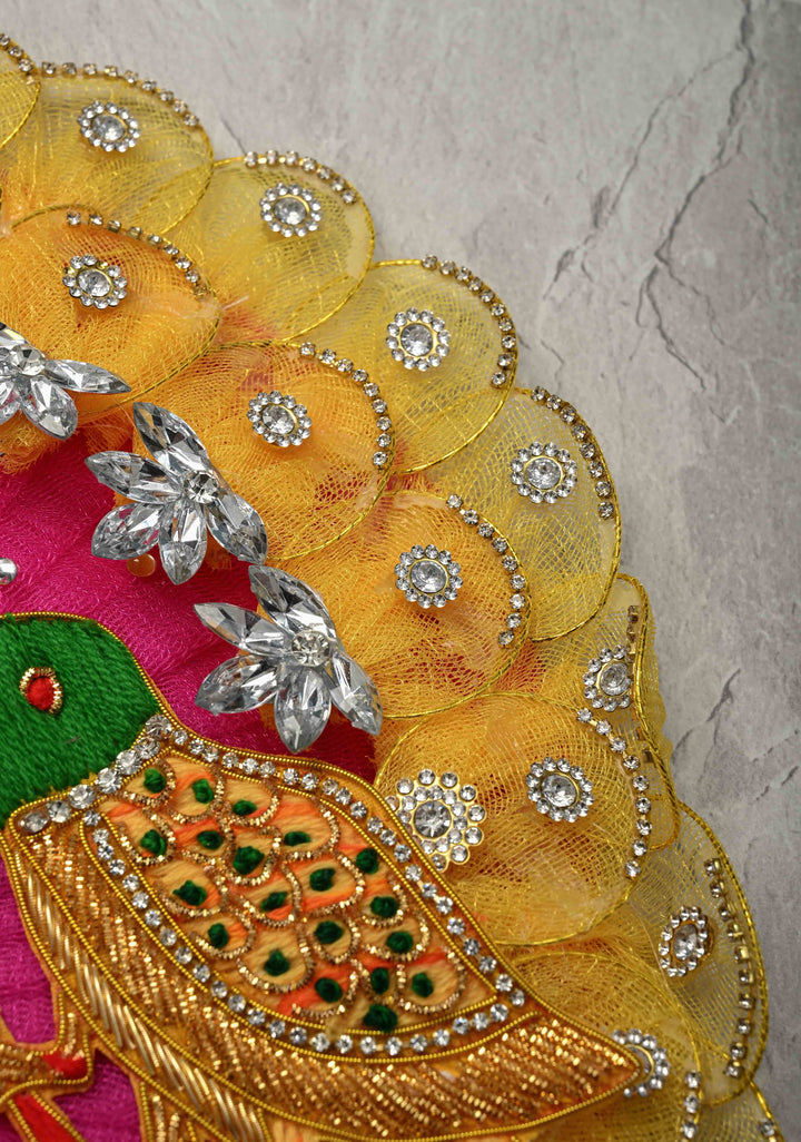 Pink-Yellow Laddu Gopal Dress Set with Parrot Motifs and Gemstone Embellishments