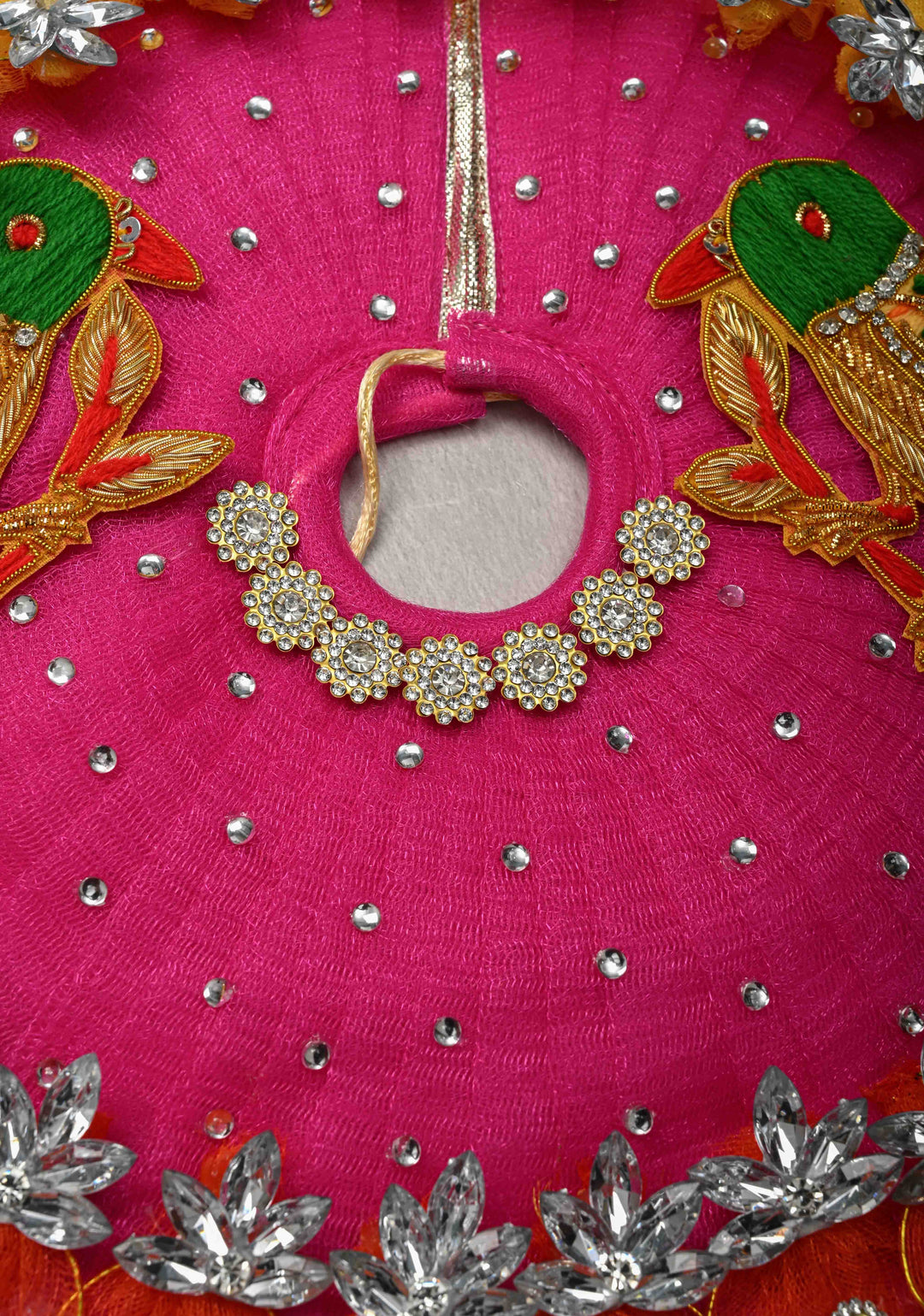 Pink-Yellow Laddu Gopal Dress Set with Parrot Motifs and Gemstone Embellishments
