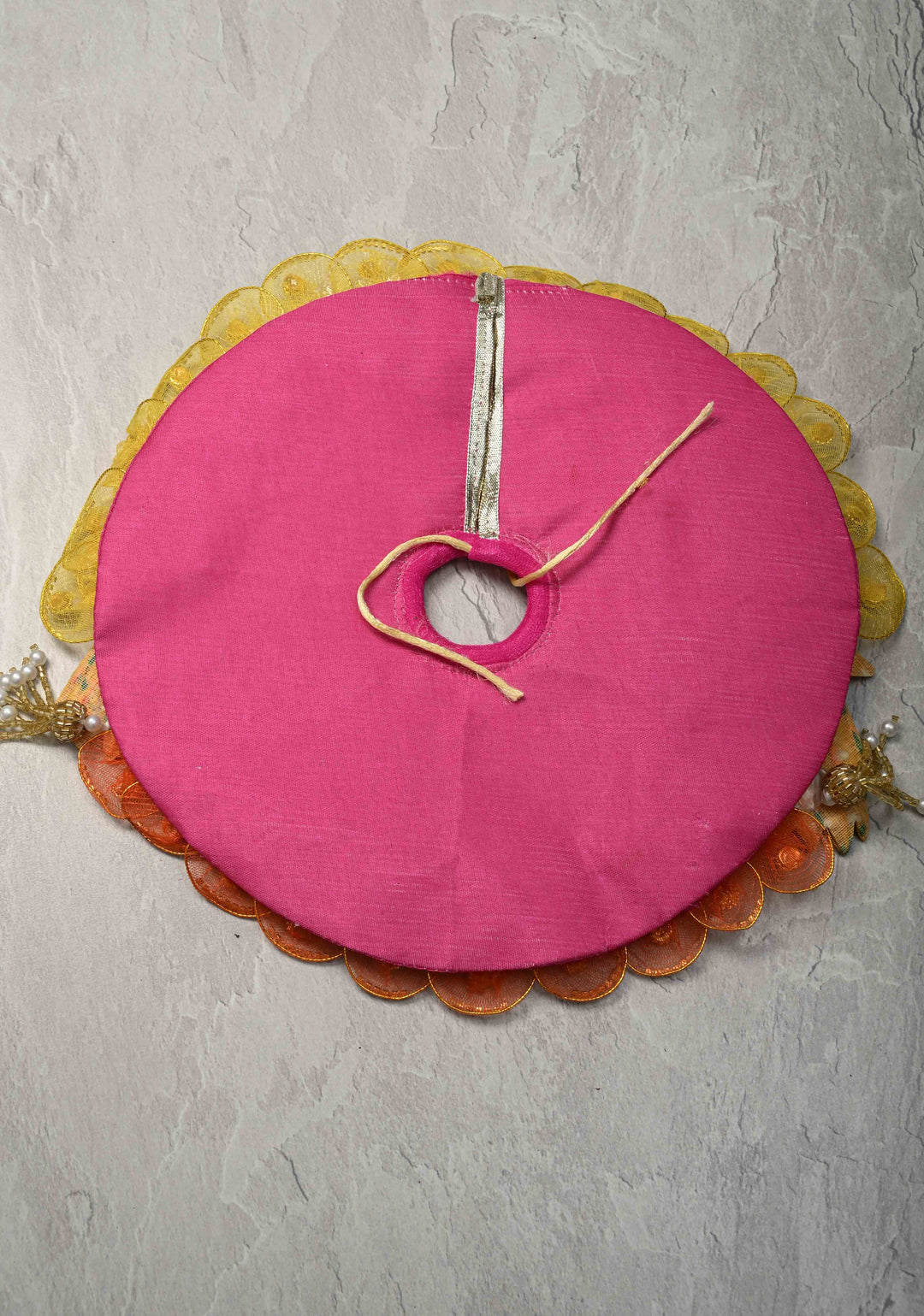 Pink-Yellow Laddu Gopal Dress Set with Parrot Motifs and Gemstone Embellishments