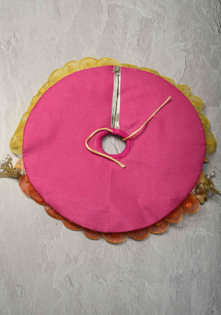 Pink-Yellow Laddu Gopal Dress Set with Parrot Motifs and Gemstone Embellishments