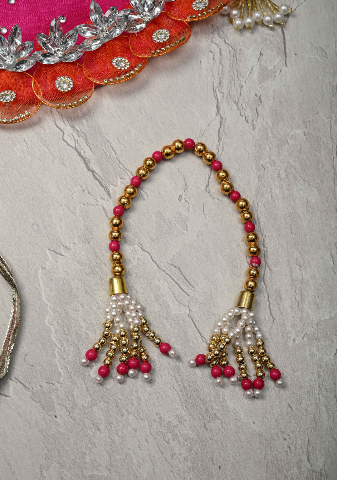 Pink-Yellow Laddu Gopal Dress Set with Parrot Motifs and Gemstone Embellishments