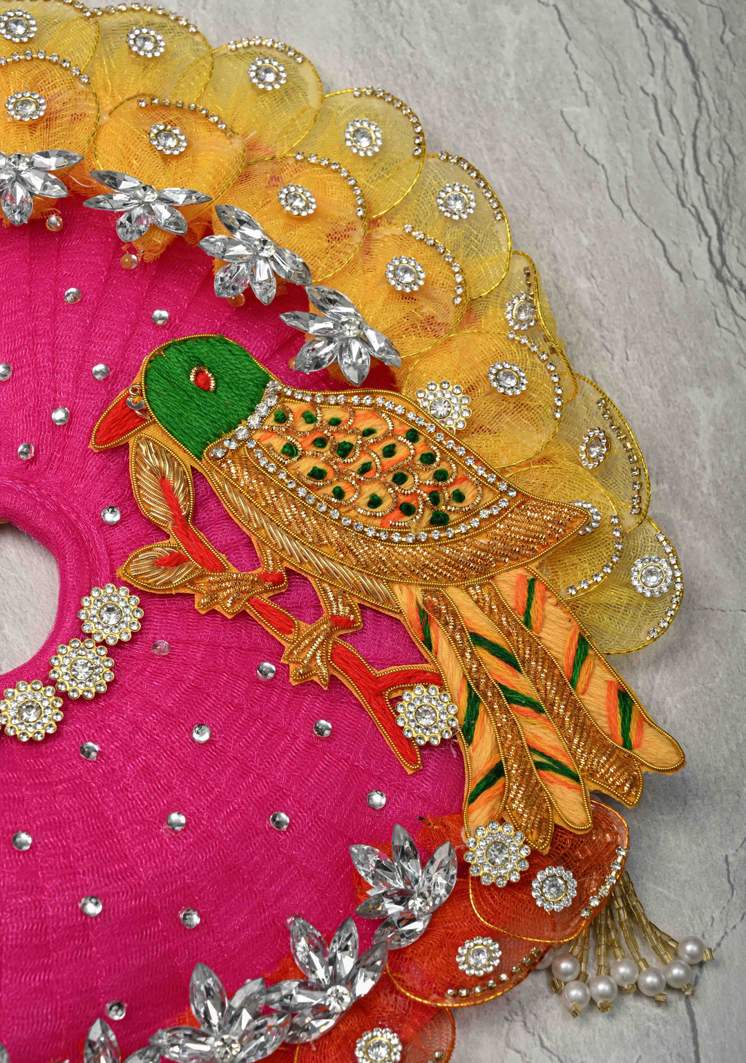 Pink-Yellow Laddu Gopal Dress Set with Parrot Motifs and Gemstone Embellishments