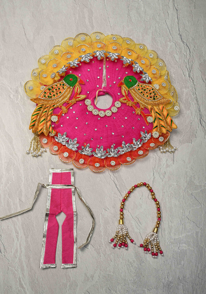 Pink-Yellow Laddu Gopal Dress Set with Parrot Motifs and Gemstone Embellishments