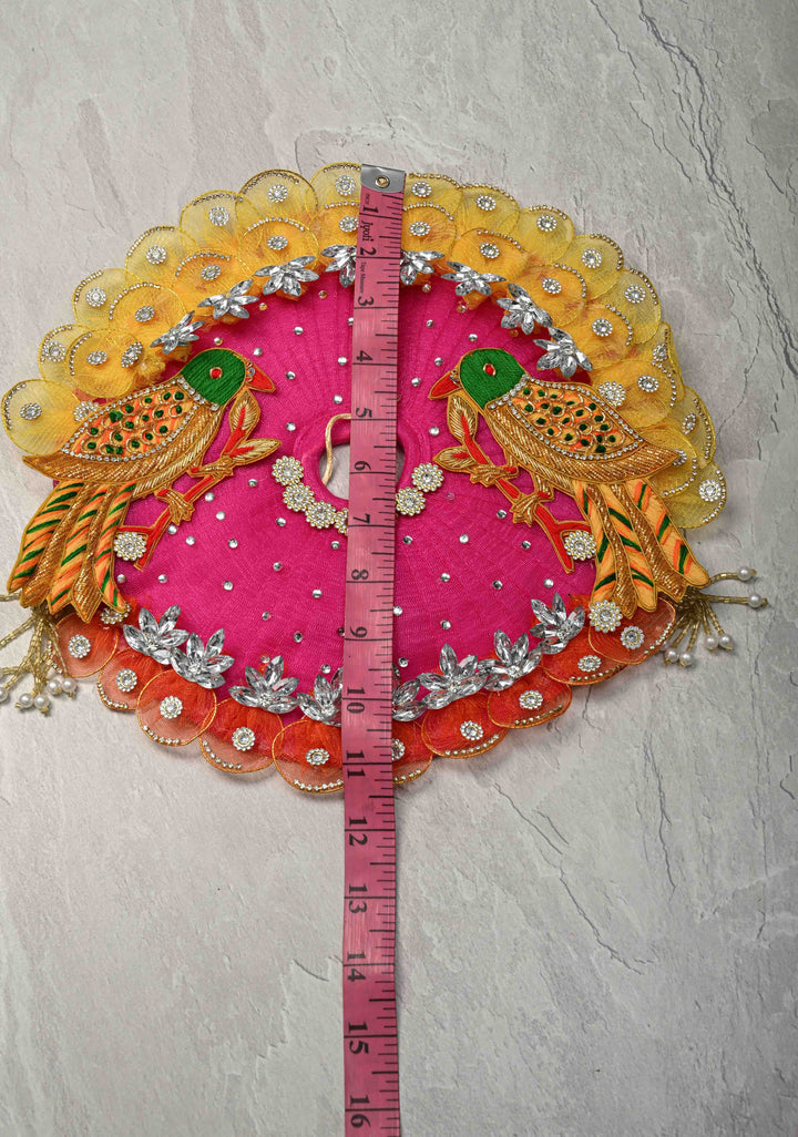 Pink-Yellow Laddu Gopal Dress Set with Parrot Motifs and Gemstone Embellishments