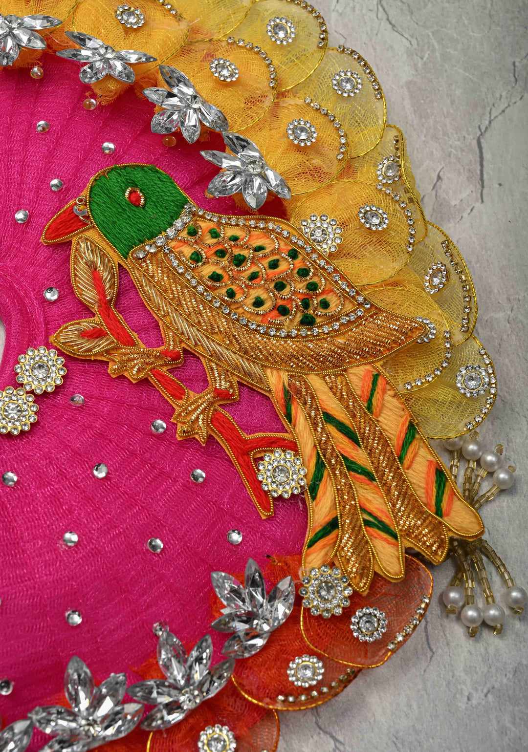 Pink-Yellow Laddu Gopal Dress Set with Parrot Motifs and Gemstone Embellishments