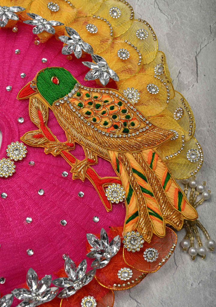 Pink-Yellow Laddu Gopal Dress Set with Parrot Motifs and Gemstone Embellishments