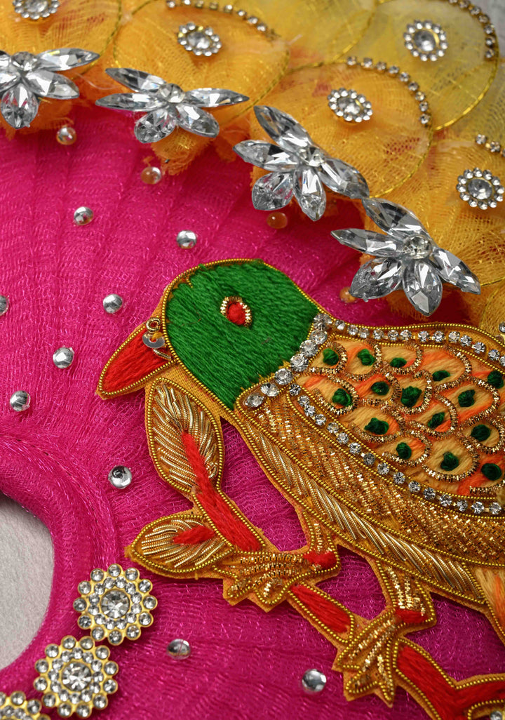 Pink-Yellow Laddu Gopal Dress Set with Parrot Motifs and Gemstone Embellishments