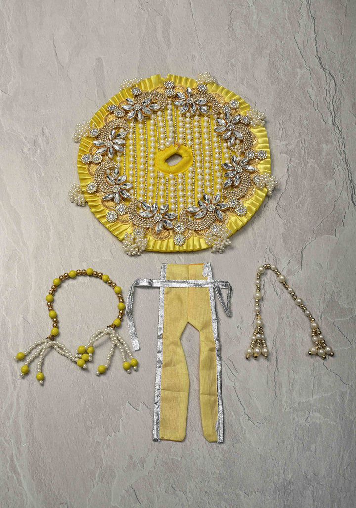 9" Pitambar Laddu Gopal Dress Set with Kundan Flower Motifs and Gemstone Embellishments
