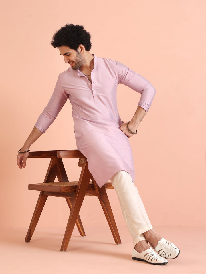 Kisah Men’s Light Pink Cotton Silk Kurta Trouser Set – Solid Ethnic Outfit – Festive Minimal Wear | SHOBITAM