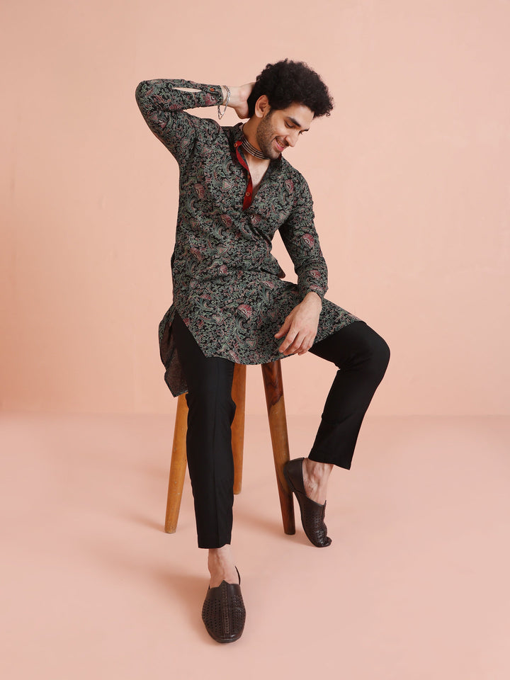 Black Printed Cotton Silk Kurta Trouser Set | SHOBITAM