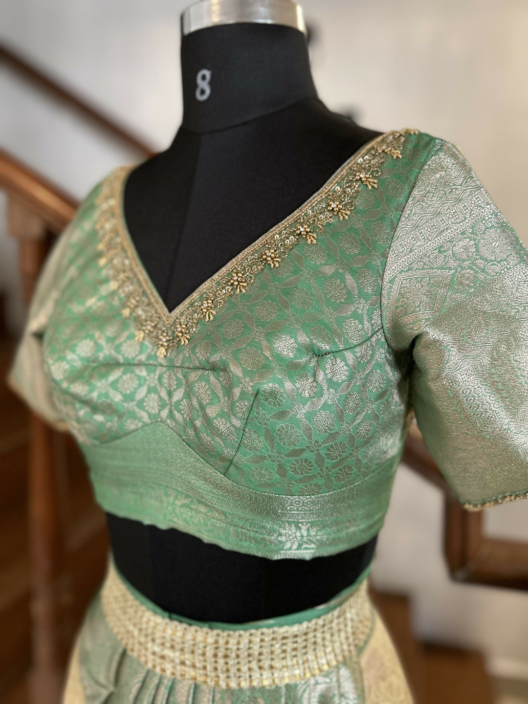 Sage Green Blouse with Champagne Gold Jacquard Skirt | SHOBITAM