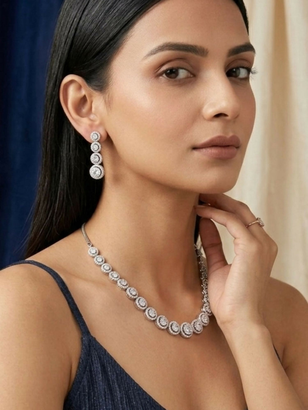 Round Silver Plated American Diamond Necklace Set | SHOBITAM