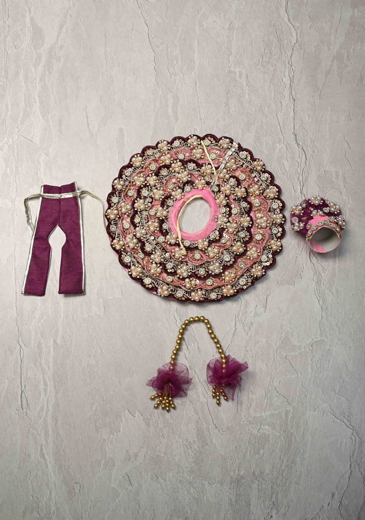 10" Plum Laddu Gopal Dress Set with Sequins-Stone and Pearl Embellishments (Crown, Garland)