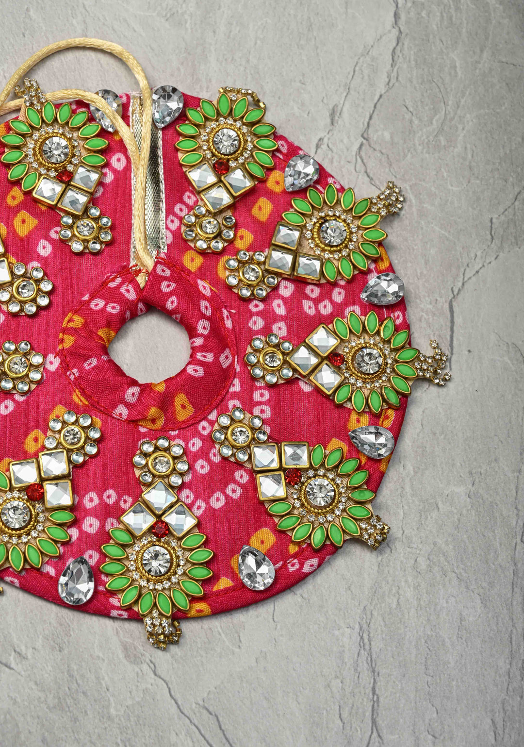 6" Pink Laddu Gopal Bandhani Dress Set with Kundan and Stone Motifs