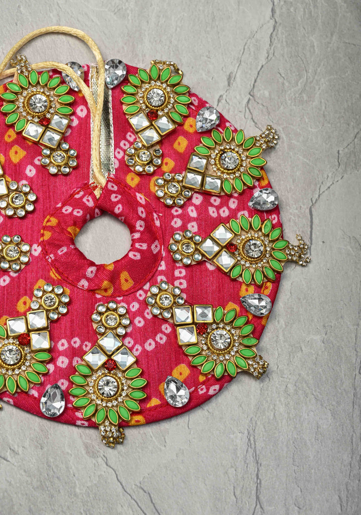 6" Pink Laddu Gopal Bandhani Dress Set with Kundan and Stone Motifs