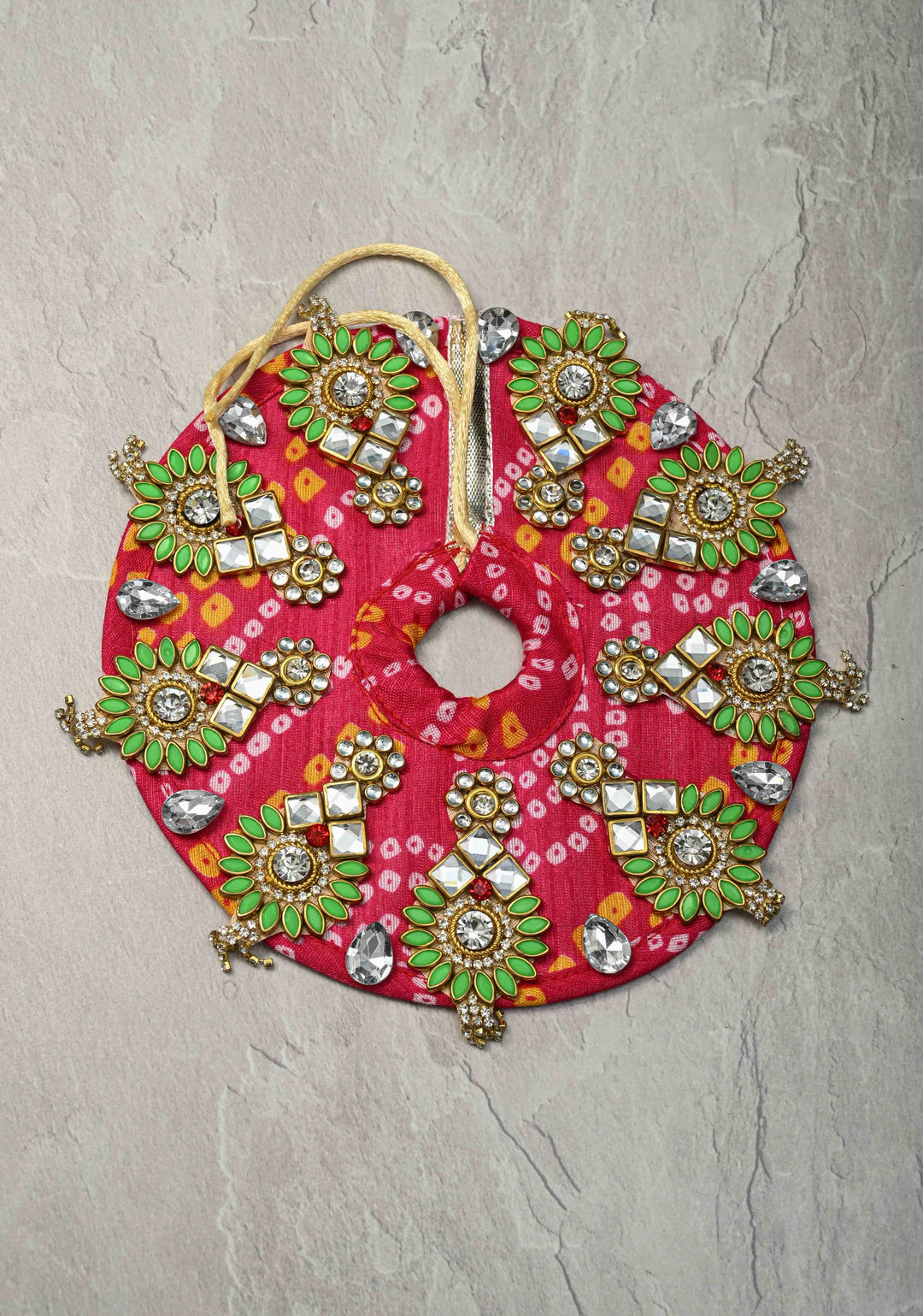 6" Pink Laddu Gopal Bandhani Dress Set with Kundan and Stone Motifs