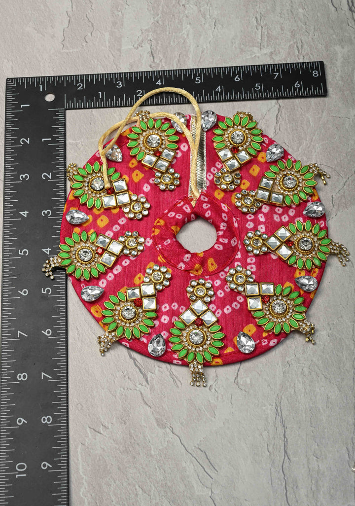 6" Pink Laddu Gopal Bandhani Dress Set with Kundan and Stone Motifs