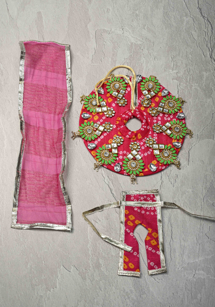 6" Pink Laddu Gopal Bandhani Dress Set with Kundan and Stone Motifs