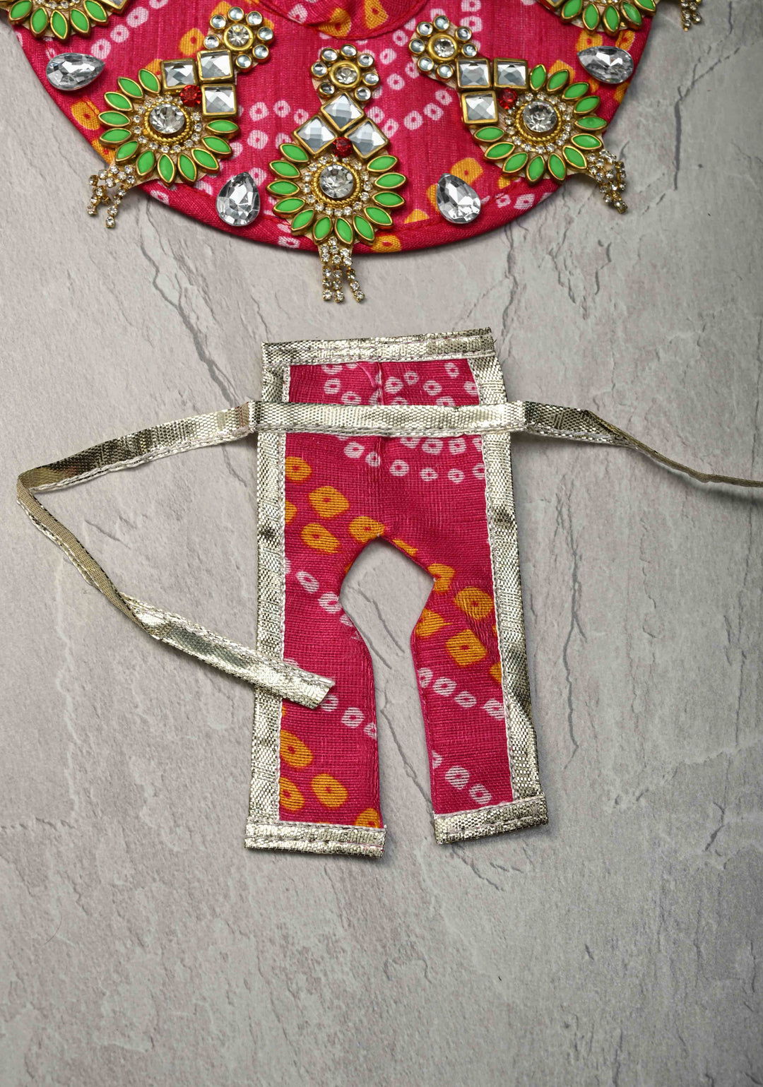 6" Pink Laddu Gopal Bandhani Dress Set with Kundan and Stone Motifs