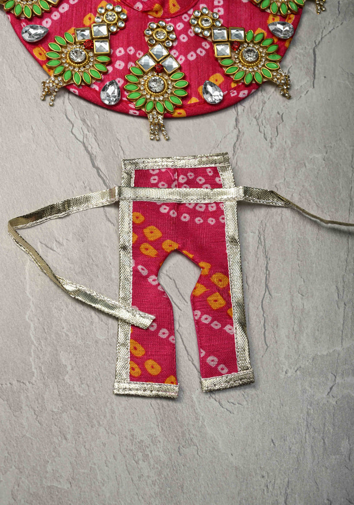 6" Pink Laddu Gopal Bandhani Dress Set with Kundan and Stone Motifs