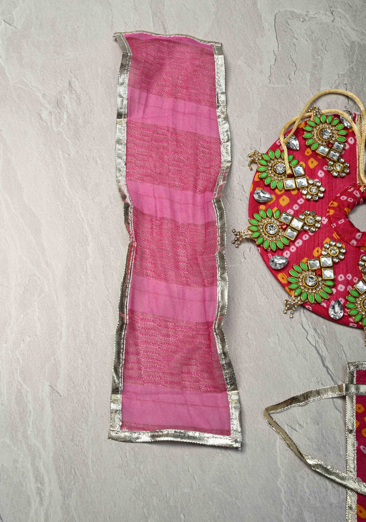 6" Pink Laddu Gopal Bandhani Dress Set with Kundan and Stone Motifs