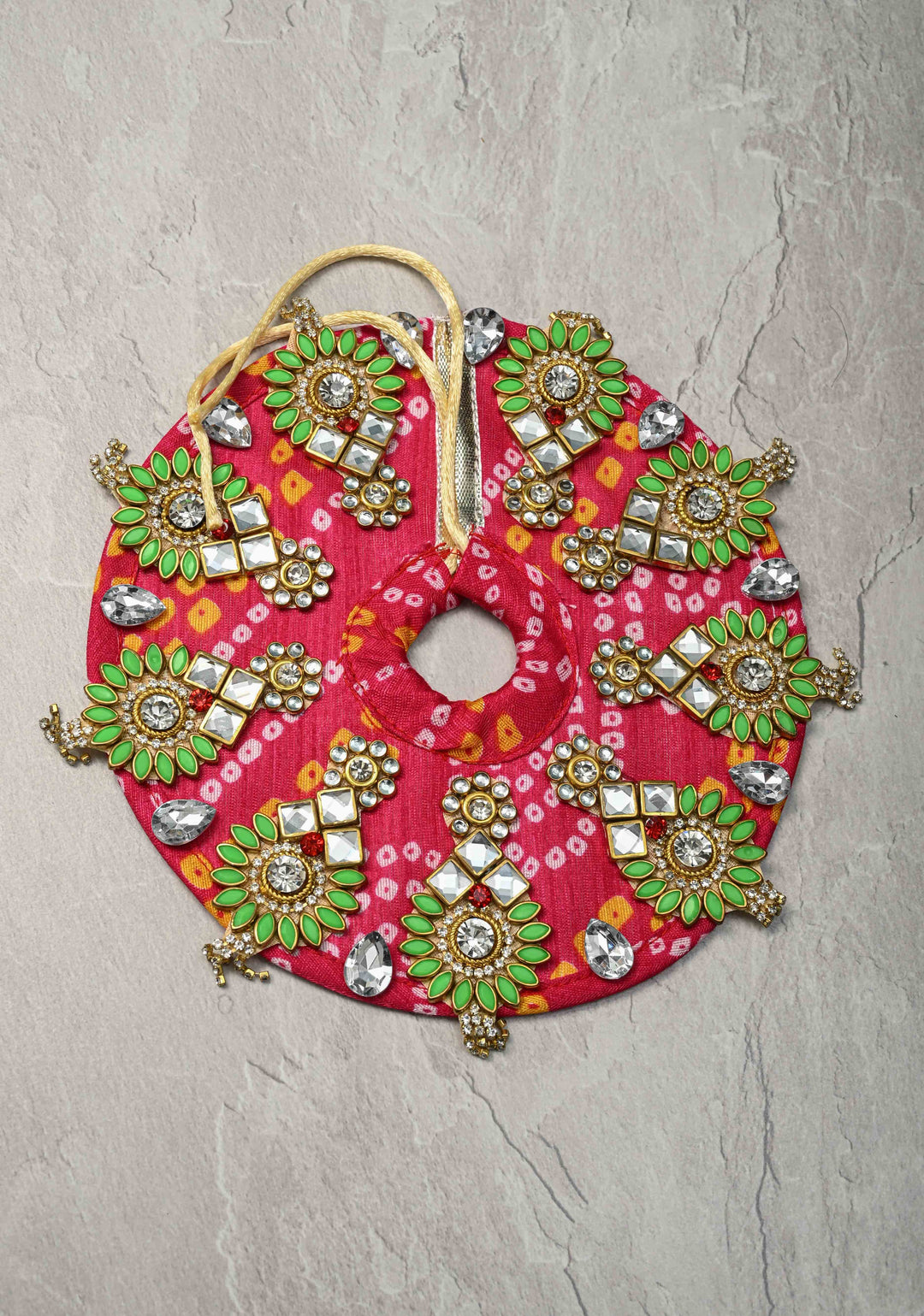 6" Pink Laddu Gopal Bandhani Dress Set with Kundan and Stone Motifs
