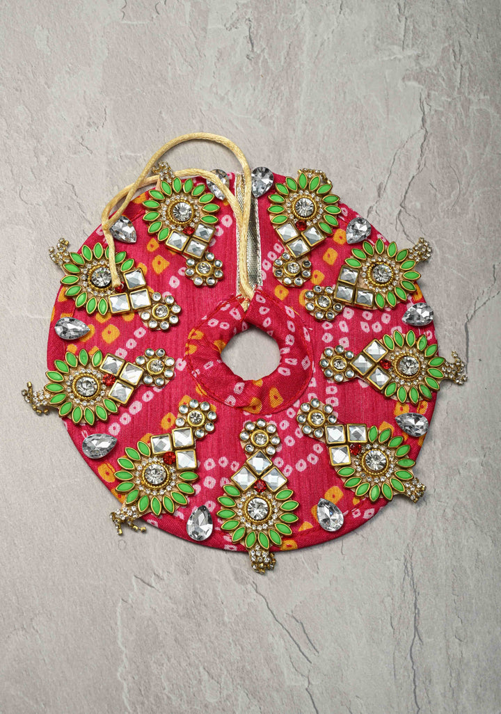 6" Pink Laddu Gopal Bandhani Dress Set with Kundan and Stone Motifs