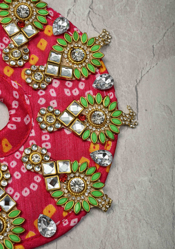6" Pink Laddu Gopal Bandhani Dress Set with Kundan and Stone Motifs