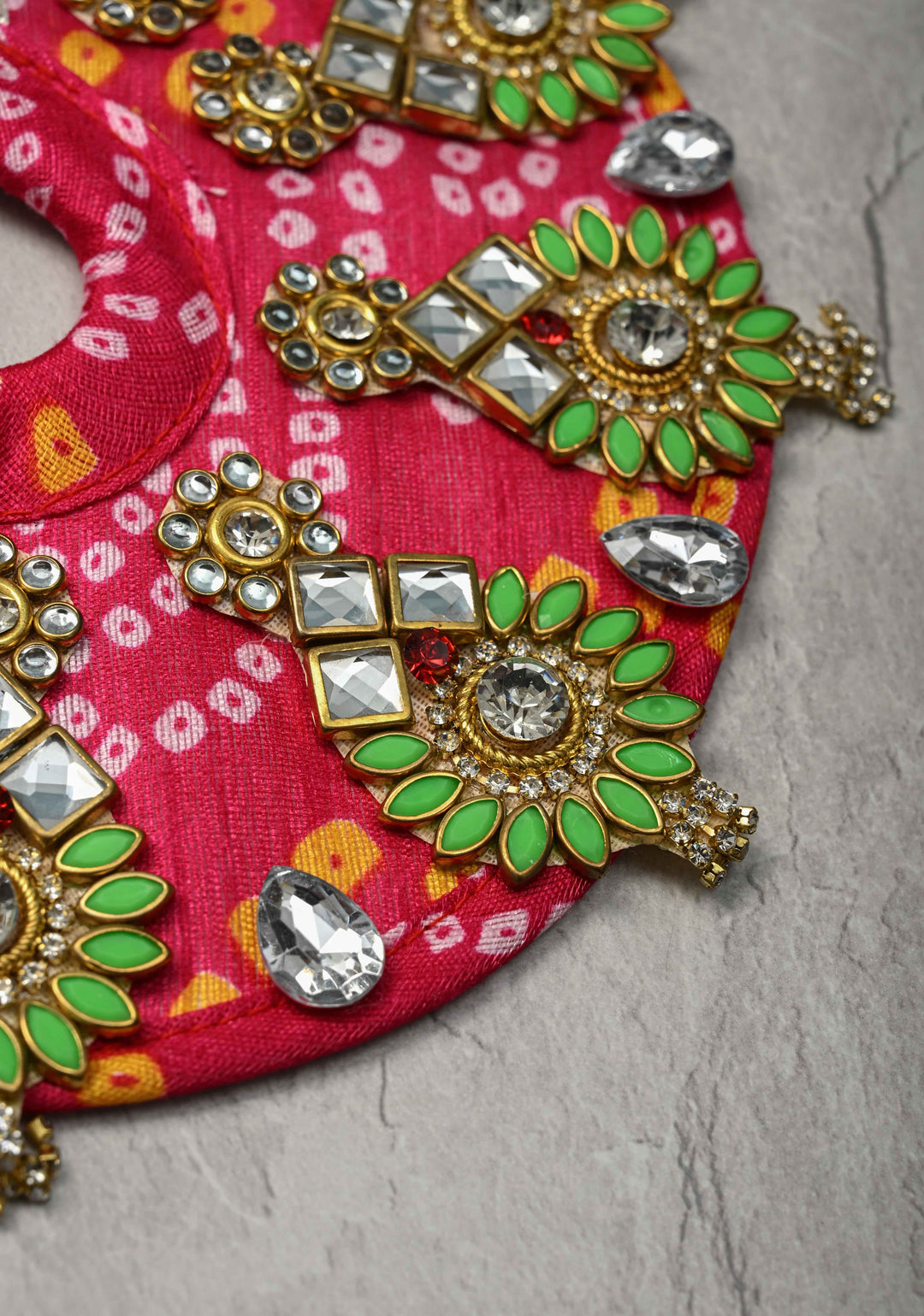 6" Pink Laddu Gopal Bandhani Dress Set with Kundan and Stone Motifs