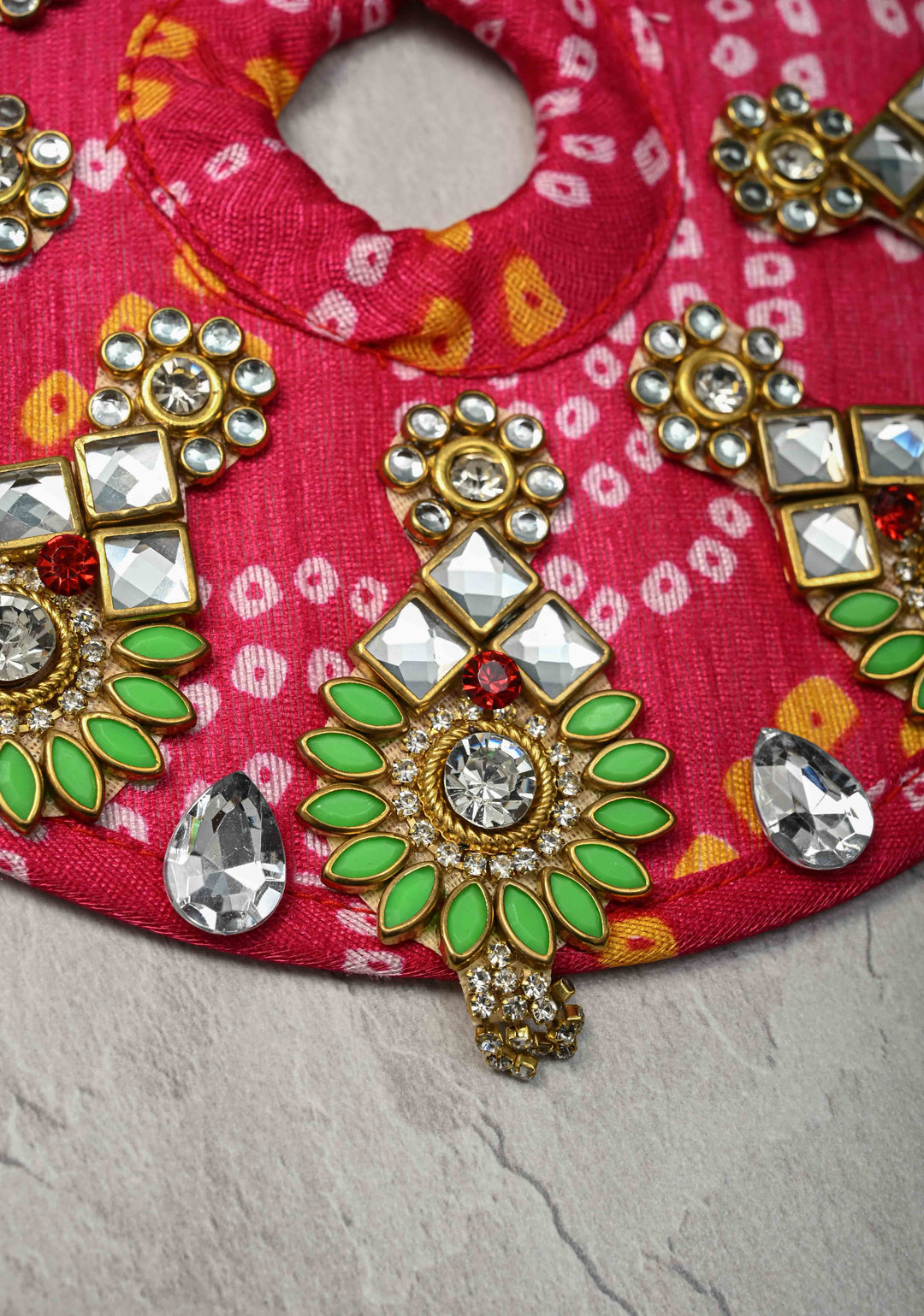 6" Pink Laddu Gopal Bandhani Dress Set with Kundan and Stone Motifs