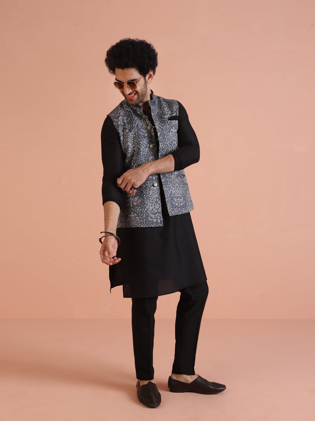 Blue Silk Blend Paisley Nehru Jacket | SHOBITAM