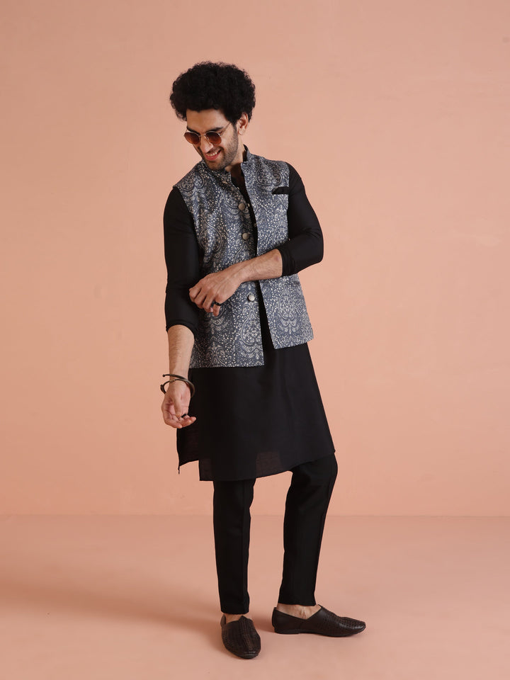 Blue Silk Blend Paisley Nehru Jacket | SHOBITAM