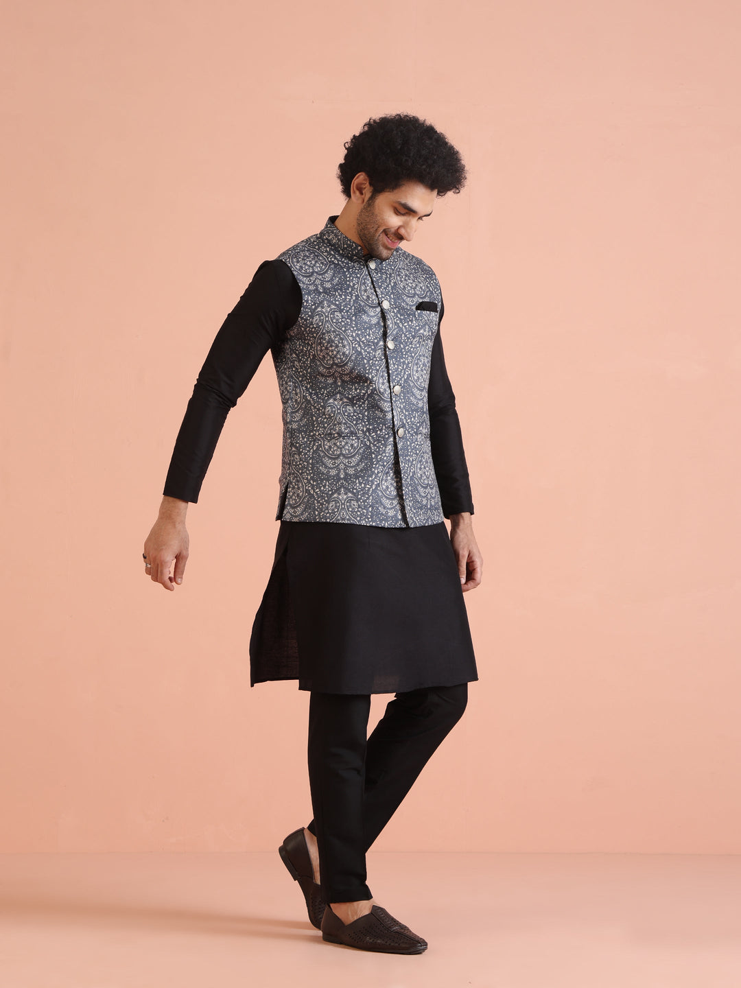 Blue Silk Blend Paisley Nehru Jacket | SHOBITAM