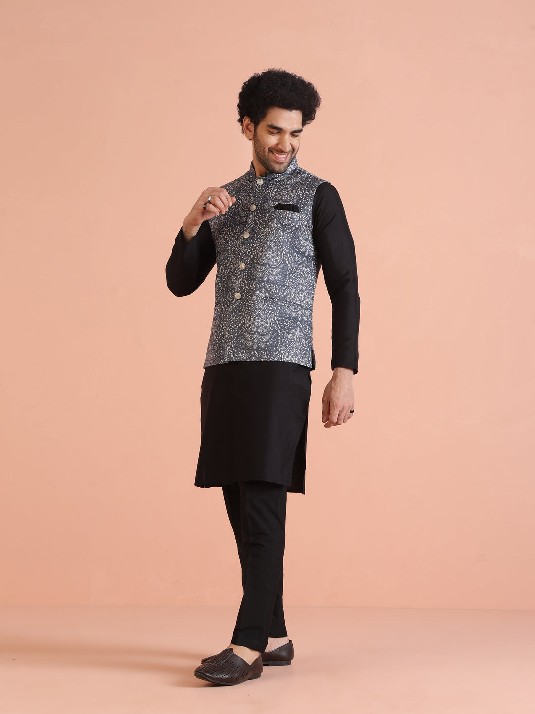 Blue Silk Blend Paisley Nehru Jacket | SHOBITAM