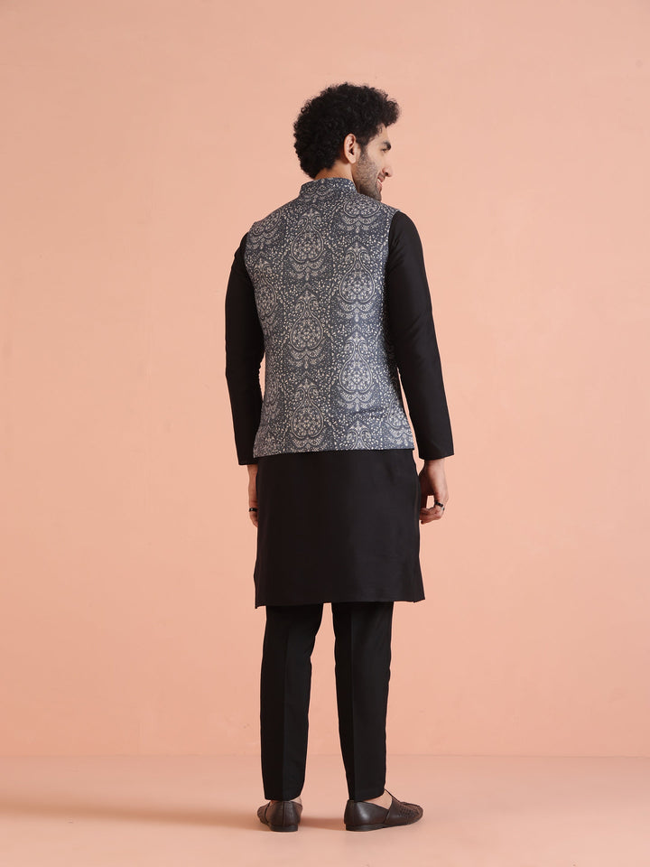 Blue Silk Blend Paisley Nehru Jacket | SHOBITAM