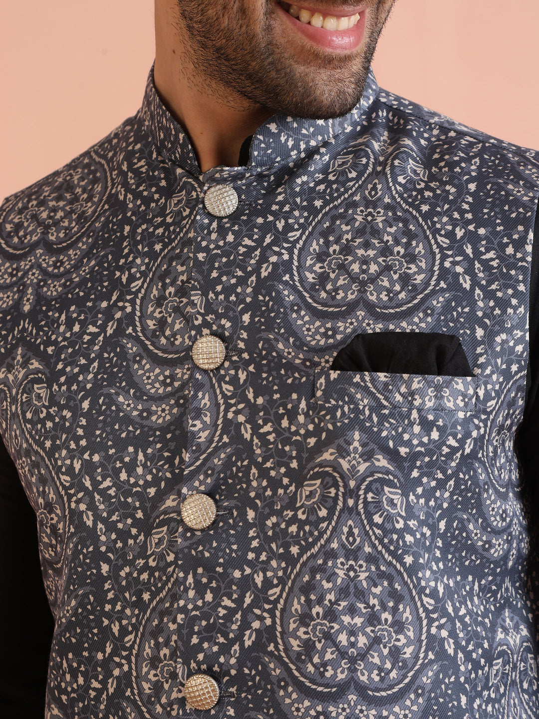 Blue Silk Blend Paisley Nehru Jacket | SHOBITAM