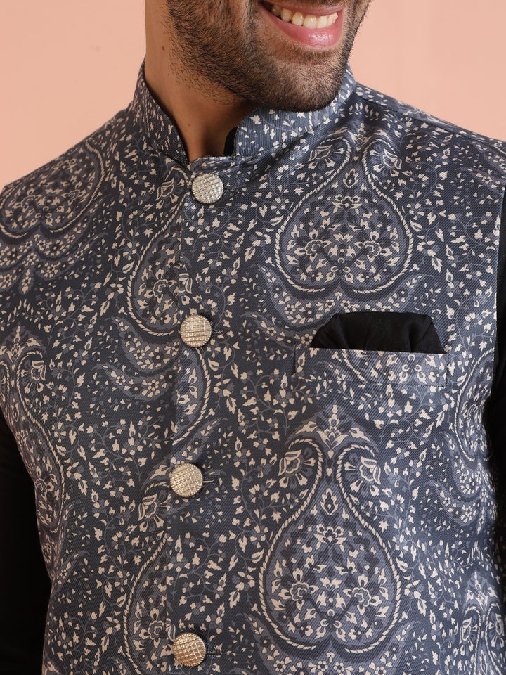 Blue Silk Blend Paisley Nehru Jacket | SHOBITAM