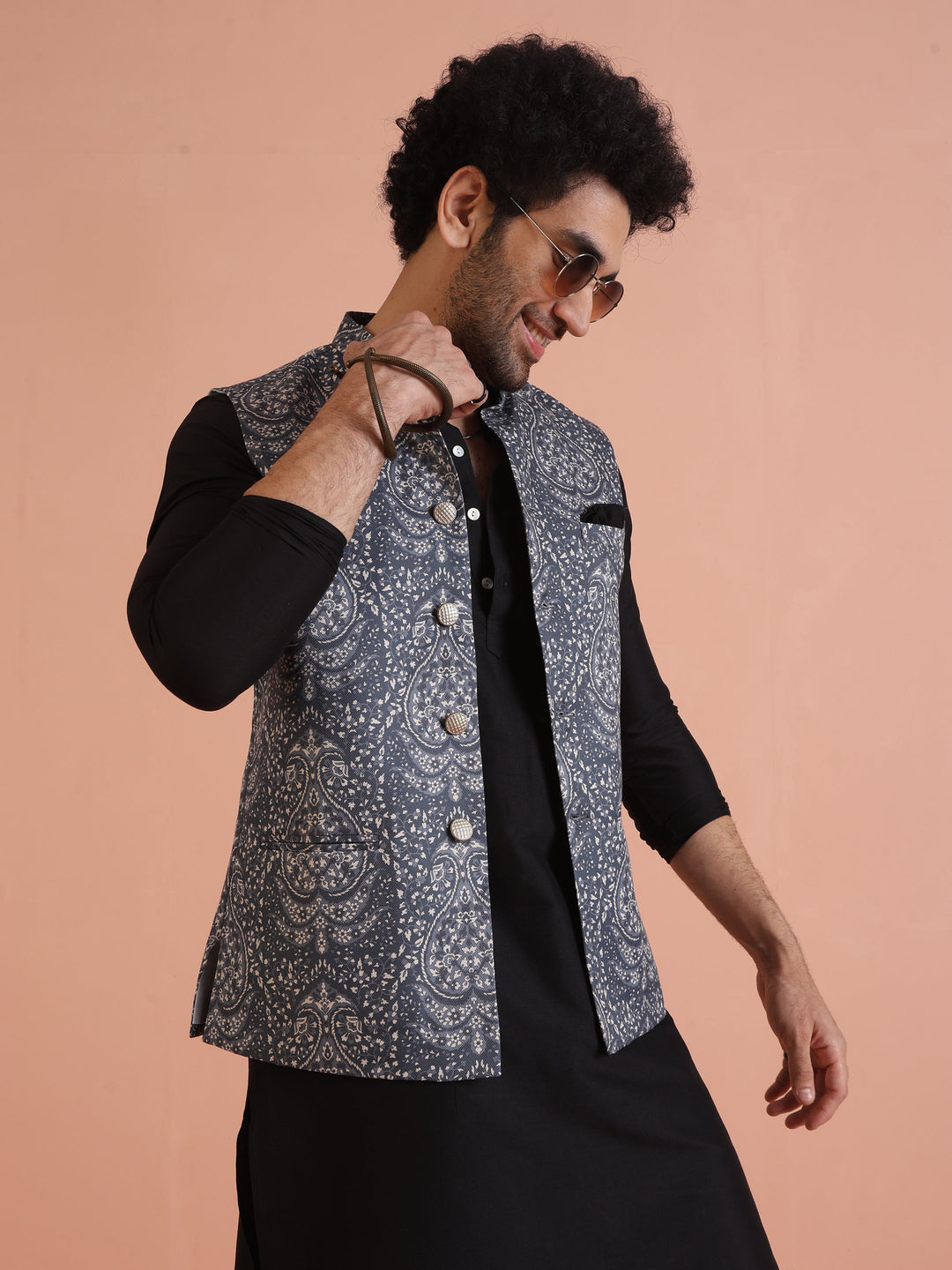 Blue Silk Blend Paisley Nehru Jacket | SHOBITAM