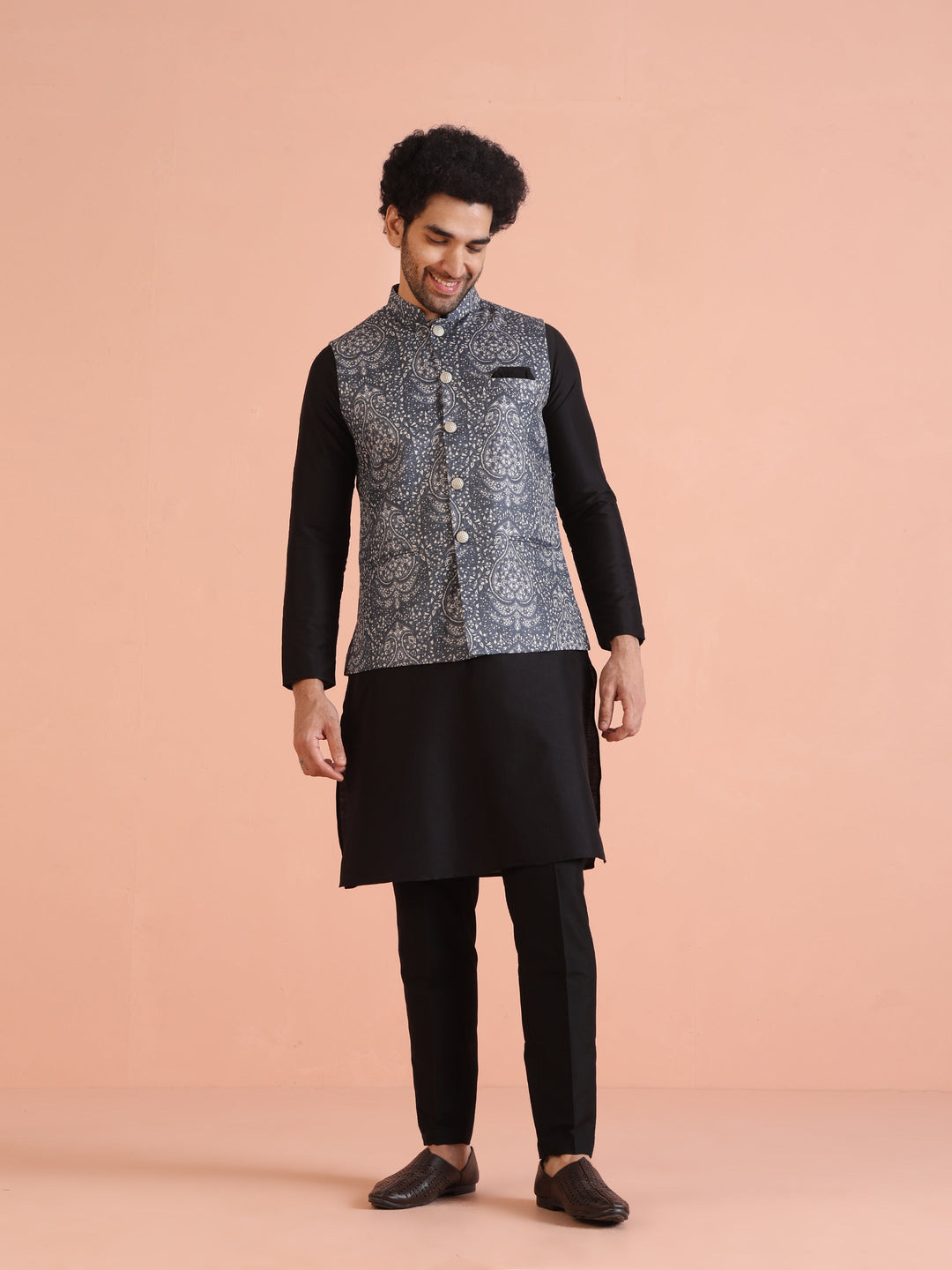 Blue Silk Blend Paisley Nehru Jacket | SHOBITAM