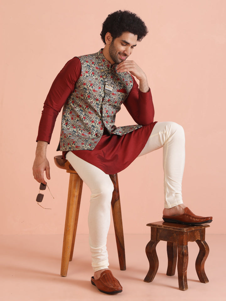 Men Olive Printed Nehru Jacket | SHOBITAM