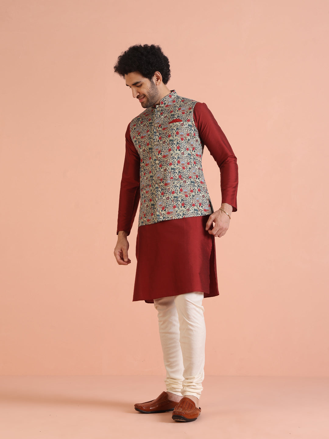 Men Olive Printed Nehru Jacket | SHOBITAM