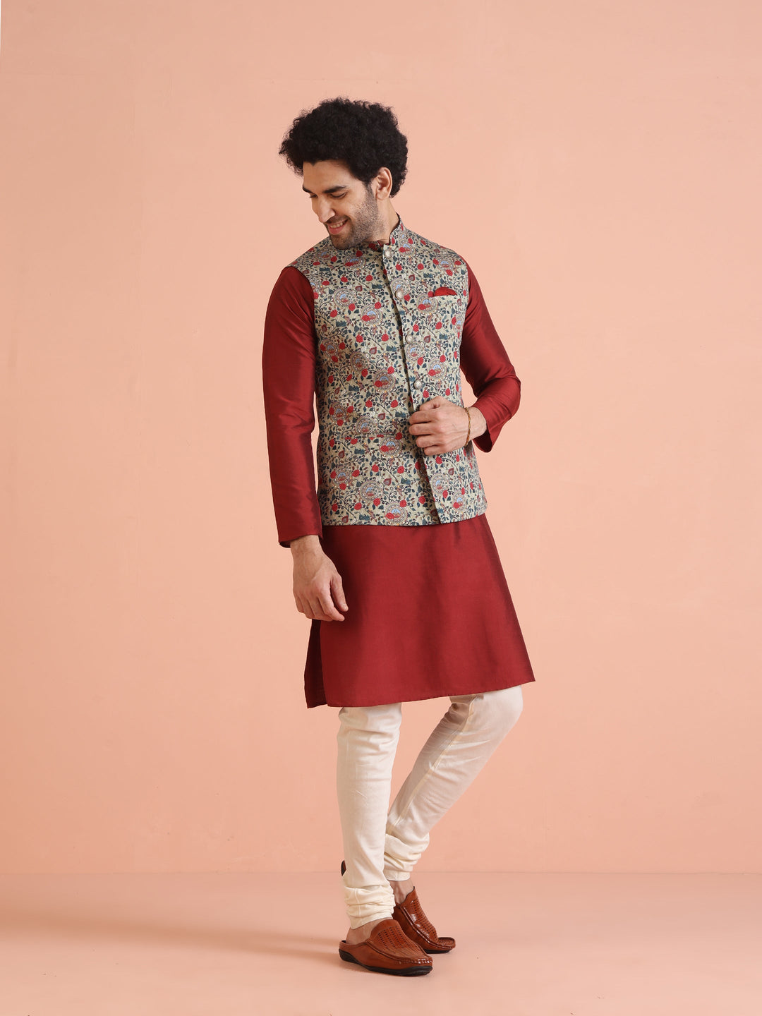 Men Olive Printed Nehru Jacket | SHOBITAM