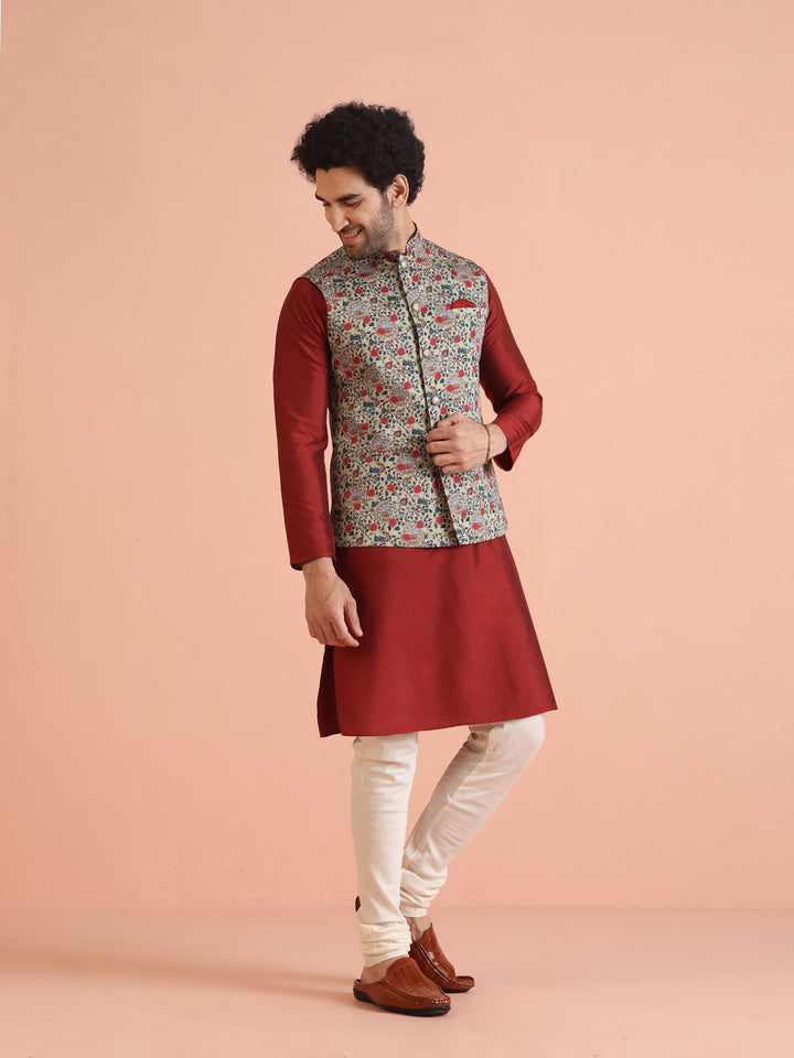 Men Olive Printed Nehru Jacket | SHOBITAM