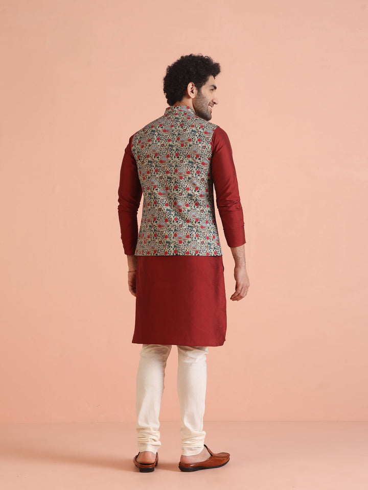 Men Olive Printed Nehru Jacket | SHOBITAM
