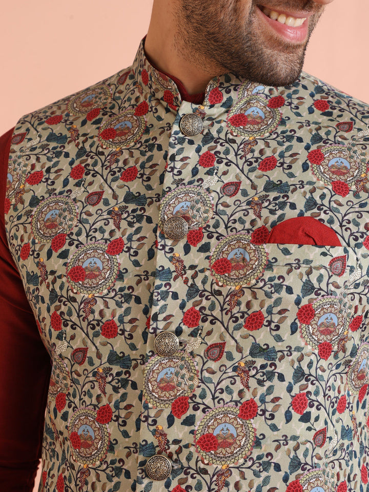Men Olive Printed Nehru Jacket | SHOBITAM