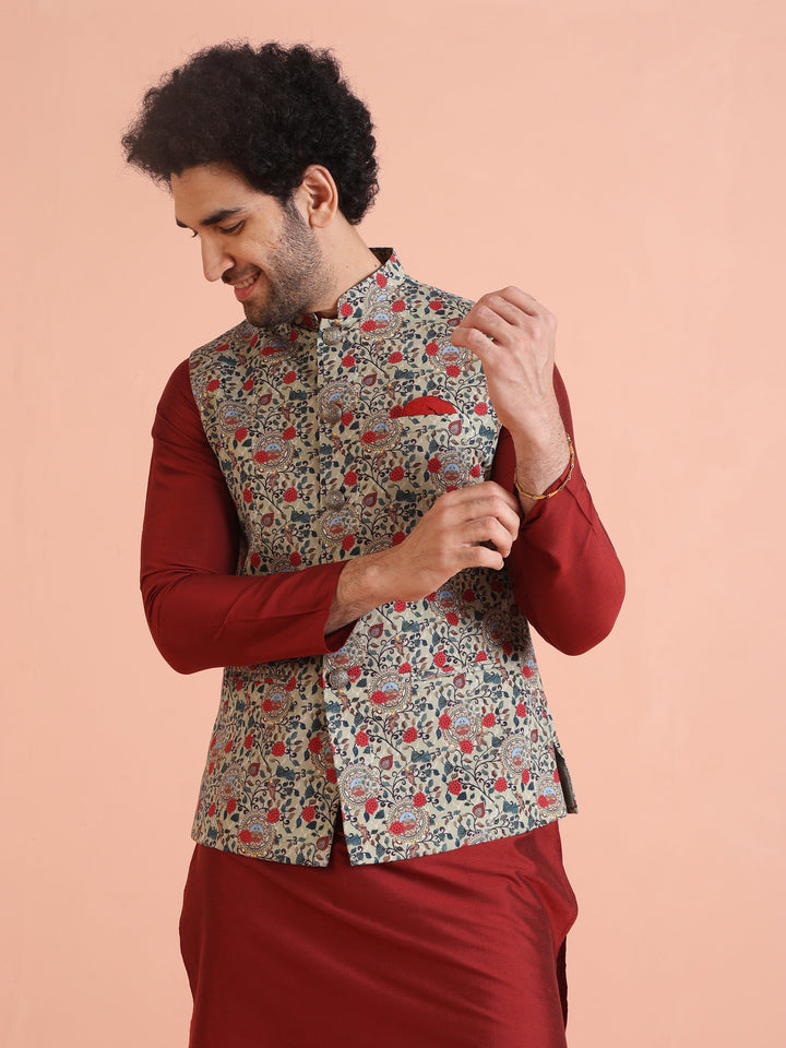 Men Olive Printed Nehru Jacket | SHOBITAM