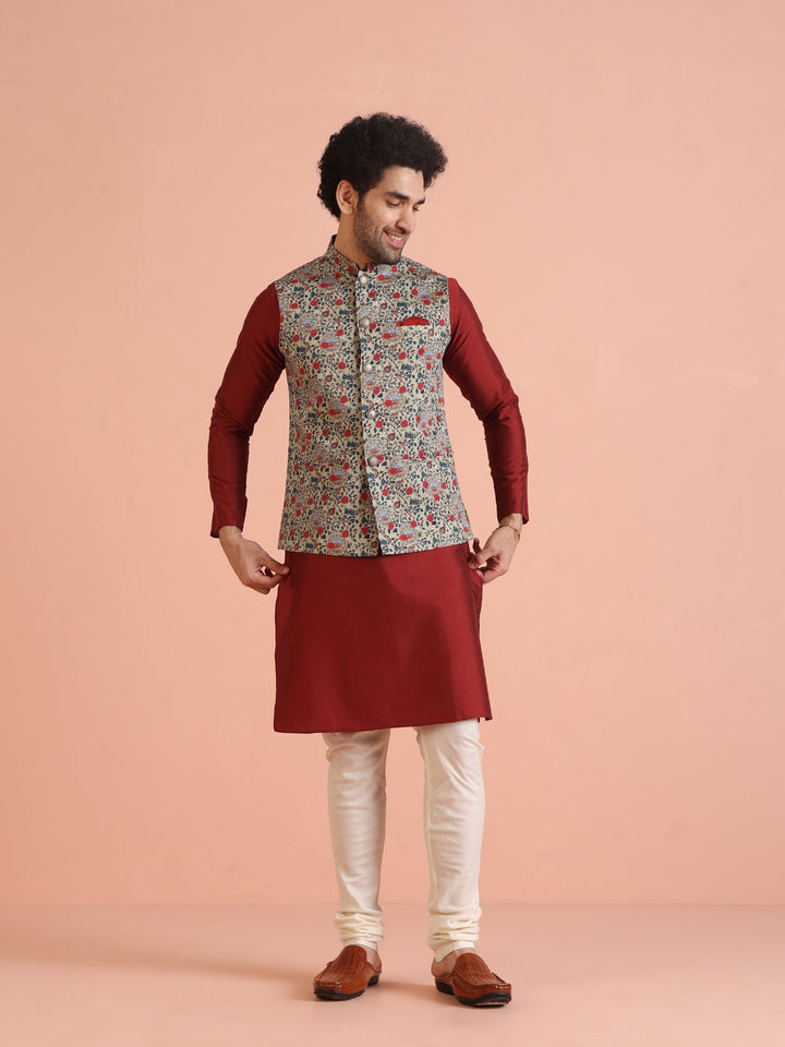 Men Olive Printed Nehru Jacket | SHOBITAM