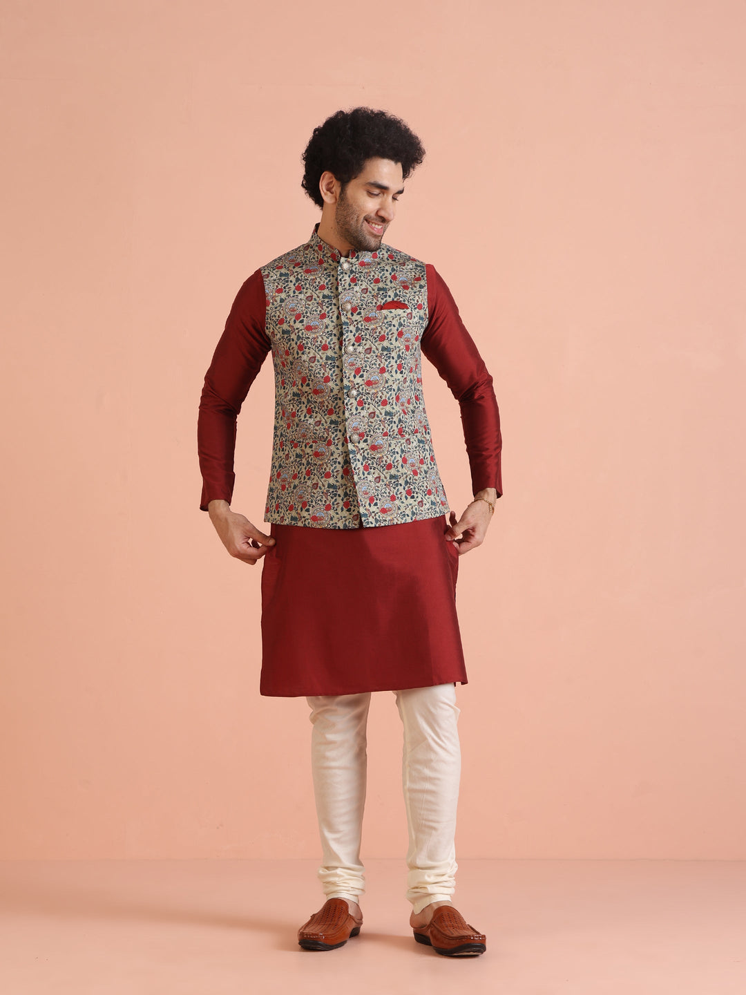 Men Olive Printed Nehru Jacket | SHOBITAM