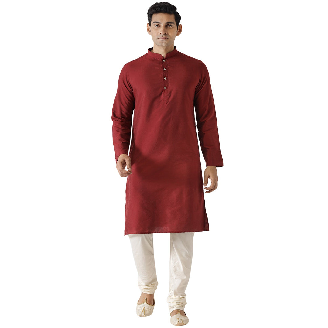 Men Maroon Silk Blend Solid Kurta Churidar Set Elegant Festive Wear | SHOBITAM